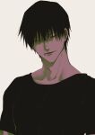  1boy black_hair black_shirt collarbone fushiguro_touji hair_between_eyes highres jujutsu_kaisen looking_at_viewer lower_teeth_only male_focus parted_lips scar scar_on_face scar_on_mouth shirt short_sleeves smile solo spot_color t-shirt teeth upper_body urup_zzz white_background 