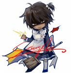  1boy angry apron back_bow black_dress bow broom brown_hair chibi closed_mouth collared_shirt cross_tie dark-skinned_male dark_skin dress full_body g7cdpdto2i6hot6 hair_bow heathcliff_(project_moon) holding holding_broom limbus_company long_sleeves looking_at_viewer male_focus one_side_up project_moon puffy_long_sleeves puffy_sleeves sample_watermark shaded_face shirt simple_background socks solo watermark white_apron white_background white_bow white_shirt white_socks 