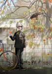  1boy absurdres bicycle bird brown_footwear crow day food fruit full_body grey_eyes helmet highres holding holding_food holding_fruit kento_matsuura male_focus original outdoors scenery school_uniform solo standing tongue tongue_out tree 