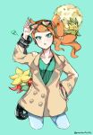  1girl aqua_background aqua_eyes aqua_nails aqua_shirt artist_name bag brown_coat brown_jacket coat collarbone cropped_legs eldegoss eyewear_on_head gossifleur graysheartart hair_ornament handbag heart heart_hair_ornament highres jacket orange-tinted_eyewear orange_hair plant pokemon pokemon_(creature) pokemon_swsh ribbed_shirt shirt side_ponytail solo sonia_(pokemon) sunglasses swept_bangs tinted_eyewear twitter_username v-neck 