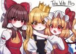  3girls alternate_headwear ascot black_vest blonde_hair blush bow brown_hair closed_mouth commentary crown crystal detached_sleeves english_commentary fang flandre_scarlet frilled_bow frilled_hair_tubes frills hair_bow hair_tubes hakurei_reimu hat hat_ribbon highres hug kirisame_marisa long_hair mob_cap multiple_girls one_side_up open_mouth puffy_short_sleeves puffy_sleeves red_bow red_eyes red_skirt red_vest ribbon shirt short_hair short_sleeves side_ponytail skirt skirt_set smile tears tohou89 touhou turtleneck vest white_headwear wings yellow_ascot yellow_eyes yin_yang 