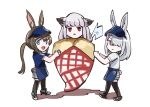  3girls :d amiya_(arknights) animal_ear_fluff animal_ears apron arknights black_footwear black_thighhighs blue_apron blue_eyes blue_headwear blue_shirt brown_hair closed_mouth colored_shadow e-bushi food frostleaf_(arknights) frostnova_(arknights) grey_eyes grey_hair hair_between_eyes hair_over_one_eye highres in_food light_frown long_hair multiple_girls plaid plaid_skirt ponytail rabbit_ears red_eyes shadow shirt shoes short_sleeves skirt smile standing thigh-highs very_long_hair visor_cap waist_apron white_background white_shirt 