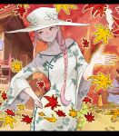  1girl absurdres animal_print autumn braid braided_ponytail collarbone cowboy_shot dress fish_print fox goldfish_print hand_on_own_hip hat head_tilt highres ishizuka_chihiro leaf letterboxed long_hair looking_to_the_side original outdoors pink_hair red_eyes smile solo standing very_long_hair white_dress white_headwear wide_sleeves 