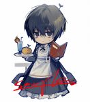  1boy black_coat black_eyes black_hair book chibi closed_mouth coat coat_on_shoulders cup dante_(limbus_company) dress frilled_dress frills full_body g7cdpdto2i6hot6 holding holding_book holding_plate id_card limbus_company plate potato project_moon sample_watermark simple_background solo sprout watermark white_background yi_sang_(project_moon) 