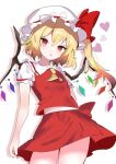  1girl ascot blonde_hair crystal dress flandre_scarlet frills hat hat_ribbon heart highres kyuu_cat looking_at_viewer medium_hair midriff_peek mob_cap open_mouth red_dress red_eyes ribbon side_ponytail simple_background solo thighs touhou wings 