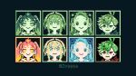  1boy 3girls amano_pikamee artist_name blonde_hair blue_eyes blue_hair commentary daimonji_ryugon english_commentary green_background green_eyes green_hair haneuzu_miuneru hikasa_tomoshika long_hair looking_at_viewer multicolored_hair multiple_girls pixel_art portrait red_eyes red_scarf redhead scarf short_hair smile spiky_hair twintails twitter_username two-tone_hair voms yellow_eyes zoggga 