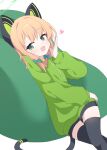  1girl absurdres animal_ear_headphones animal_ears black_thighhighs blonde_hair blue_archive blue_bow blush bow cat_tail fake_animal_ears green_eyes green_halo green_hoodie hagoonha hair_bow halo headphones heart highres hood hoodie long_sleeves looking_at_viewer midori_(blue_archive) open_mouth short_hair simple_background smile solo tail thigh-highs white_background 
