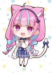  1girl :d ahoge anchor_hair_ornament animal_ear_fluff animal_ears black_footwear blue_choker blue_hair blue_hairband blue_sailor_collar blue_skirt blunt_bangs blush braid cat_ears cat_girl cat_tail chibi choker commentary_request fanged_bangs frilled_sailor_collar frills hair_ornament hairband hololive jacket long_hair long_sleeves looking_at_viewer minato_aqua minato_aqua_(sailor) multicolored_hair nanaka_nagomi official_alternate_costume open_clothes open_jacket open_mouth pantyhose paw_pose pleated_skirt polka_dot polka_dot_background purple_hair ribbon ribbon_choker sailor_collar sailor_shirt shirt skirt smile solo streaked_hair tail tail_ornament tail_ribbon thick_outlines twin_braids twintails two-tone_hair violet_eyes virtual_youtuber white_jacket white_pantyhose white_shirt 