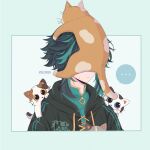  ... 1boy animal_on_head animal_on_shoulder aqua_hair aqua_shirt artist_name ayacchirin black_hoodie border cat cat_on_head cat_on_shoulder closed_mouth commentary cross-laced_clothes drawstring english_commentary genshin_impact green_border green_hair highres hood hood_down hoodie light_frown male_focus multicolored_hair on_head shirt short_hair sidelocks simple_background solo speech_bubble spoken_ellipsis streaked_hair sweat upper_body white_background xiao_(genshin_impact) 