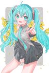  1girl ahoge aqua_eyes aqua_hair aqua_necktie bare_shoulders buttercup_(flower) collared_shirt cowboy_shot detached_sleeves dot_nose falling_petals fang flower hair_ornament hatsune_miku highres index_finger_raised long_hair looking_at_viewer mokoinu_(pixiv_27216243) necktie open_mouth petals pointing pointing_at_viewer shirt skin_fang skirt skirt_tug smile solo thigh-highs twintails very_long_hair vocaloid wind wind_lift yellow_flower 