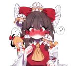 1girl @_@ absurdres ascot blonde_hair blush bow brown_hair closed_eyes closed_mouth commentary_request detached_sleeves dress frilled_bow frilled_hair_tubes frills gap_(touhou) hair_bow hair_tubes hakurei_reimu hat hat_ribbon highres korean_commentary long_hair mini_person minigirl mob_cap multiple_girls nose_blush on_head open_mouth person_on_head person_on_shoulder purple_dress red_bow red_eyes red_ribbon ribbon simple_background smelling_hair smile tohou89 touhou white_background yakumo_yukari yellow_ascot |_|