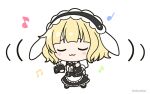  1girl :3 animal_ears apron bad_id bad_pixiv_id beamed_eighth_notes black_footwear black_hairband black_skirt blonde_hair blush_stickers chibi chibi_only closed_eyes closed_mouth commentary_request dancing eighth_note facing_viewer fake_animal_ears fleur_de_lapin_uniform floppy_ears full_body gochuumon_wa_usagi_desu_ka? hairband kirima_syaro mitya musical_note puffy_short_sleeves puffy_sleeves quarter_note rabbit_ears shirt shoes short_sleeves simple_background skirt solo twitter_username u_u uniform waist_apron waitress white_apron white_background white_shirt wrist_cuffs 