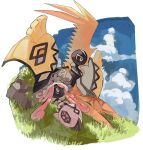  black_skin border clouds colored_skin commentary_request day grass highres homilmugi lying moss multicolored_eyes no_humans on_back outdoors pink_hair pokemon pokemon_(creature) rock sky tapu_koko tapu_lele white_border 