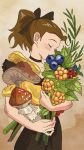  1girl arrietty berry black_bow black_dress bouquet bow brown_background brown_hair choker closed_mouth cowboy_shot dress eyelashes food fruit hair_bow highres holding holding_bouquet holding_food holding_fruit karigurashi_no_arrietty kissing_object mushroom ponytail profile rikaco1988 short_hair smile solo 