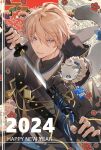  2024 animal_on_shoulder blonde_hair blue_eyes ferret hair_between_eyes happy_new_year highres hiyamaru holding holding_sword holding_weapon holostars japanese_clothes kishido_temma looking_at_viewer male_focus sheath short_hair smile solo sword unsheathing upper_body virtual_youtuber weapon yonsang_(swordmaster) 