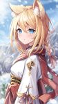  1girl animal_ear_fluff animal_ears blonde_hair blue_eyes blurry braid depth_of_field fox_ears fox_girl highres long_sleeves looking_at_viewer medium_hair original parted_lips red_scarf sakura_ani scarf shirt single_braid snow white_shirt winter 