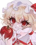  1girl apple blonde_hair flandre_scarlet food fruit hat highres looking_at_viewer mewrurirun mob_cap puffy_short_sleeves puffy_sleeves red_eyes red_nails short_sleeves simple_background solo tongue tongue_out touhou white_background white_headwear 