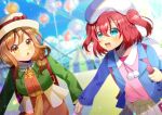  2girls :d backpack bag balloon beret blue_eyes blue_jacket blue_sky blurry blurry_background bow breasts brown_dress brown_eyes brown_hair brown_skirt carnival circus_tent clouds collared_shirt commentary_request commission day depth_of_field dress green_jacket hat hat_bow holding_hands jacket kou_hiyoyo kunikida_hanamaru kurosawa_ruby love_live! love_live!_sunshine!! medium_breasts multiple_girls outdoors pink_shirt pleated_skirt red_bow redhead shirt skeb_commission skirt sky smile star_(symbol) transparent two_side_up white_headwear 