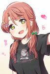  1girl alternate_hair_length alternate_hairstyle black_shirt character_print green_eyes hair_bun hair_ornament hair_over_shoulder hair_ribbon hairclip heart highres long_hair looking_at_viewer love_live! love_live!_nijigasaki_high_school_idol_club open_mouth pink_hair print_shirt ribbon shirt short_sleeves sidelocks single_side_bun solo swept_bangs twintails uehara_ayumu upper_body yoon_(yoon_lovelive) 