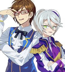  1boy 1girl adjusting_eyewear akai_meganii annoyed ascot back-to-back black_ribbon blue_vest brown_eyes brown_hair collared_shirt commentary_request crossed_arms epaulettes glasses green_eyes grey_hair hair_between_eyes hand_on_eyewear hand_up highres idol_clothes jacket long_sleeves looking_at_another open_mouth pretty_series pripara purple_ascot purple_jacket reverse_trap ribbon shikyoin_hibiki shirt short_hair simple_background smile sweatdrop tsujii_ruki upper_body vest white_ascot white_background white_shirt 