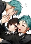  1girl 2boys absurdres aqua_hair black_hair blush brothers brown_eyes brown_hair floyd_leech half-closed_eyes highres holding_hands ichimonjikun2 jade_leech looking_at_another multicolored_hair multiple_boys open_mouth parted_lips sharp_teeth short_hair siblings smile teeth twins twisted_wonderland two-tone_hair white_background yellow_eyes yuu_(twisted_wonderland) 