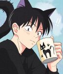  ! !! 1boy animal_ears black_hair black_shirt blue_background cat_boy cat_ears cat_tail character_print closed_mouth cup from_side hand_up highres holding holding_cup jiji_(majo_no_takkyuubin) long_sleeves looking_to_the_side majo_no_takkyuubin male_focus mug paw_print personification print_mug rikaco1988 shirt short_hair solo tail tail_raised upper_body 