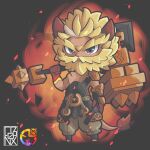  1boy animal_ears aulus_(mobile_legends) beard beard_over_mouth blonde_hair chibi chibigenix facial_hair frown full_beard full_body hammer highres holding holding_hammer huge_eyebrows huge_weapon lion_boy lion_ears lion_tail looking_at_viewer male_focus mature_male mobile_legends:_bang_bang over_shoulder short_hair solo standing tail thick_beard thick_mustache two-tone_background weapon weapon_over_shoulder 