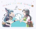  2girls :d apron black_capelet black_feathers black_hair black_scrunchie blue_flower blue_hair blunt_bangs bouquet bracelet capelet character_name closed_eyes earrings feather_hair_ornament feathers flower genjitsu_no_yohane green_apron hair_bun hair_ornament hair_ribbon hairband hand_in_own_hair highres holding holding_bouquet jewelry lailaps_(genjitsu_no_yohane) long_hair looking_at_another love_live! love_live!_sunshine!! multiple_girls pink_feathers profile red_eyes red_hairband red_ribbon ribbon scrunchie shirt short_sleeves smile tsushima_yoshiko turtle twitter_username white_shirt wolf wrist_scrunchie yumechiku 