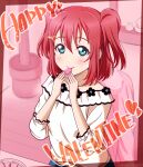  1girl blue_eyes blush collarbone eating hair_between_eyes hair_ornament happy_birthday happy_valentine heart heart_hair_ornament highres kurosawa_ruby long_hair love_live! love_live!_sunshine!! red_background redhead shirt solo twintails twitter_username upper_body white_shirt yumechiku 