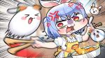  &gt;_&lt; 1girl anger_vein animal_ears apron blue_hair blurry blurry_background chopsticks commentary_request crying dress emphasis_lines food highres holding holding_chopsticks hololive komainu_channel motion_blur open_mouth pekomon_(usada_pekora) rabbit_ears rabbit_girl red_eyes shrimp shrimp_tempura smile sparkle streaming_tears tears tempura thick_eyebrows two_side_up usada_pekora virtual_youtuber white_dress white_hair yellow_apron 