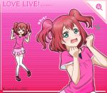  1girl :d bare_arms character_name collarbone copyright_name full_body green_eyes kurosawa_ruby long_hair love_live! love_live!_sunshine!! miniskirt open_mouth pink_background pink_shirt pink_skirt redhead shirt short_sleeves skirt smile solo striped_background thigh-highs twintails twitter_username upper_body wavy_mouth white_thighhighs yumechiku zettai_ryouiki 