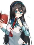 1girl black_hair blue_hairband blue_sailor_collar book commentary_request epaulettes glasses green_eyes hairband highres hip_vent kantai_collection katsuobushi_(eba_games) layered_sleeves long_hair long_sleeves looking_at_viewer necktie ooyodo_(kancolle) red_necktie sailor_collar sailor_shirt school_uniform semi-rimless_eyewear serafuku shirt short_over_long_sleeves short_sleeves simple_background solo translation_request under-rim_eyewear upper_body white_background white_shirt 