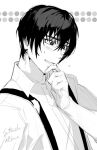  1boy blush collared_shirt embarrassed greyscale hand_up highres limbus_company male_focus monochrome parted_lips project_moon satome_setsuko shirt smile solo suspenders upper_body yi_sang_(project_moon) 