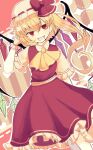  1girl ascot bat_wings blonde_hair cowboy_shot crystal dress fang flandre_scarlet frills hand_up hat hat_ribbon highres karuta_(ztxz3758) mob_cap open_mouth puffy_short_sleeves puffy_sleeves red_dress ribbon short_sleeves side_ponytail solo touhou wings 