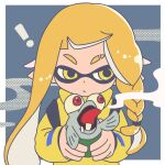  ! 1girl agent_3_(splatoon_3) blonde_hair border braid closed_mouth commentary_request eyebrow_cut frown highres inkling inkling_girl long_hair low-tied_long_hair outside_border pointy_ears red_eyes side_braid single_braid smallfry_(splatoon) splatoon_(series) splatoon_3 sub_kiiro tentacle_hair tongue tongue_out upper_body white_border yellow_eyes 
