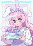  1girl :o animal_ears blue_eyes blush bow cake collared_shirt commentary_request copyright_request dated dress food frilled_shirt_collar frills hair_between_eyes hair_bow happy_birthday highres holding holding_plate long_hair long_sleeves neki_(wakiko) parted_lips pink_hair plate puffy_long_sleeves puffy_sleeves purple_bow purple_dress rabbit_ears shirt sleeveless sleeveless_dress sleeves_past_wrists solo star_(symbol) twitter_username upper_body very_long_hair white_shirt 