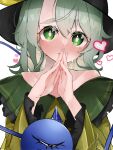  1girl aliz_wp514lov crying green_eyes green_hair heart highres jacket komeiji_koishi long_sleeves looking_at_viewer nervous own_hands_together signature simple_background solo touhou white_background yellow_jacket 