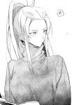  1girl absurdres book closed_mouth fire_emblem fire_emblem_engage greyscale highres holding holding_book illust_mi jade_(fire_emblem) long_hair long_sleeves looking_to_the_side monochrome ponytail solo sweater turtleneck turtleneck_sweater upper_body white_background 