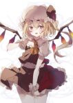  1girl ascot blonde_hair cowboy_shot crystal dress flandre_scarlet frills hat hat_ribbon highres looking_at_viewer medium_hair mob_cap natsume_suzuri open_mouth puffy_short_sleeves puffy_sleeves red_dress ribbon short_sleeves side_ponytail simple_background solo touhou wings 