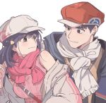  1boy 1girl alternate_costume black_hair blush closed_mouth commentary_request eye_contact grey_eyes hair_ornament hairclip hand_up hat hikari_(pokemon) jacket korean_commentary long_hair looking_at_another looking_back lucas_(pokemon) memoji_7672 off_shoulder pink_scarf pink_vest pokemon pokemon_dppt ribbed_vest scarf short_hair simple_background smile vest white_background 