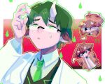  1girl 2boys animal_ears arm_up black_eyes black_hair blush chibi chibi_inset closed_mouth coat collared_shirt cow_ears cow_horns dongbaek_(project_moon) dongrang_(project_moon) e.g.o_(project_moon) glasses green_eyes green_hair green_necktie horns lab_coat limbus_company multiple_boys necktie open_mouth project_moon shirt simple_background sweat tapioca_no_mori white_background white_coat white_hair white_shirt yellow_eyes yi_sang_(project_moon) 