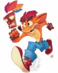  1boy aku_aku artist_name belt crash_bandicoot crash_bandicoot_(series) delux_drawings denim fingerless_gloves furry gloves green_eyes jeans mask orange_fur pants redhead sign simple_background teeth tongue tongue_out watermark white_background 