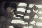  1boy bed bed_sheet black_eyes black_hair limbus_company long_sleeves looking_to_the_side lying male_focus on_back pajamas parted_lips pillow project_moon satome_setsuko solo sunlight under_covers white_pajamas yi_sang_(project_moon) 