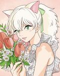  1girl animal_ears bare_shoulders bouquet cat_ears cat_girl cat_tail closed_mouth flower frills from_side green_eyes green_ribbon hair_between_eyes hands_up highres holding holding_bouquet lily_(majo_no_takkyuubin) lipstick long_hair looking_at_viewer majo_no_takkyuubin makeup nail_polish personification pink_lips pink_nails plaid plaid_shirt ponytail red_background red_flower ribbon rikaco1988 shirt simple_background sleeveless solo tail tulip upper_body whiskers white_flower white_hair 