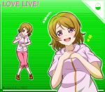  1girl :d blush brown_hair character_name closed_mouth collarbone copyright_name green_background hood hood_down hooded_jacket jacket koizumi_hanayo love_live! love_live!_school_idol_project open_mouth pants pink_jacket pink_pants short_hair short_sleeves smile solo straight_hair striped_background twitter_username upper_body violet_eyes yumechiku 
