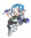  1boy black_pants blue_eyes blue_hair commentary dapple_dualies_(splatoon) dual_wielding ear_piercing eyebrow_cut fang full_body green_necktie gun high_tops highres holding holding_gun holding_weapon looking_at_viewer miko_(15476997) necktie octoling octoling_boy open_mouth pants piercing pointy_ears shoes short_hair simple_background smile sneakers solo splatoon_(series) splatoon_3 tentacle_hair torn_clothes torn_pants watermark weapon white_background white_footwear 