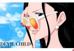  1girl black_hair blue_eyes chris_re5 close-up earrings english_commentary jewelry letterboxed long_hair looking_to_the_side nico_robin one_piece pink_lips profile red_nails sidelocks sky smile sunglasses 