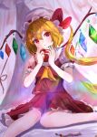  1girl absurdres apple ascot blonde_hair crystal flandre_scarlet food frills fruit hat hat_ribbon highres holding holding_food holding_fruit looking_at_viewer mere_(mere88510880) mob_cap open_mouth red_eyes ribbon side_ponytail sitting solo touhou wings 