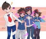  ! 4boys :d :o blue_jacket blue_pants blush bodysuit bodysuit_under_clothes bright_pupils brown_eyes brown_hair calem_(pokemon) closed_eyes collared_shirt commentary_request eyewear_on_headwear florian_(pokemon) food grey_shorts hat highres hilbert_(pokemon) jacket long_sleeves looking_at_viewer male_focus mochi mochi_mochi_dance multiple_boys nate_(pokemon) open_mouth pants pink_eyes pokemon pokemon_bw pokemon_bw2 pokemon_sv pokemon_xy red_headwear sana_(37pisana) shirt short_hair shorts smile sunglasses turtleneck turtleneck_jacket visor_cap white_pupils white_shirt zipper_pull_tab 