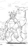  1girl absurdres character_request closed_eyes fur_trim hairband highres horns kirin_(armor) lifting_person lineart midriff monochrome monster_hunter_(series) niwarhythm open_mouth single_horn smile solo_focus strapless thigh-highs tube_top 